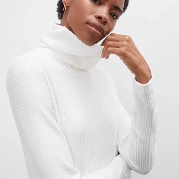 CLUB MONACO Cozy Ottoman Ribbed Turtleneck Sweater Dress Cream Women’s S - Picture 2 of 7